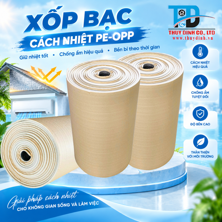 Tấm xốp bạc cách nhiệt PE-OPP (1 mặt bạc, 1 mặt keo) 5 ly  - (50m / Cuộn)