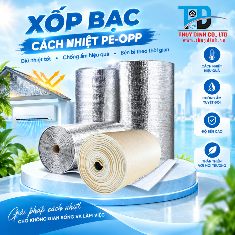 Tấm xốp bạc cách nhiệt PE-OPP (1 mặt bạc, 1 mặt keo) 10 ly  - (50m / Cuộn)